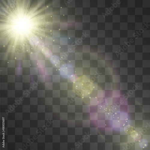 Miracle glowing vector golden spotlight effect, star floodlight, projector rays with sun shining warm halo. Decorative glittering dust. Sun flare and hotspot design details on transparent background.