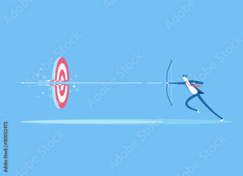 Businessman on the run shoots a bow at a target and destroying it. A man shoots an arrow from a bow right in the center of the target. Business concept the goal and right decision vector illustration