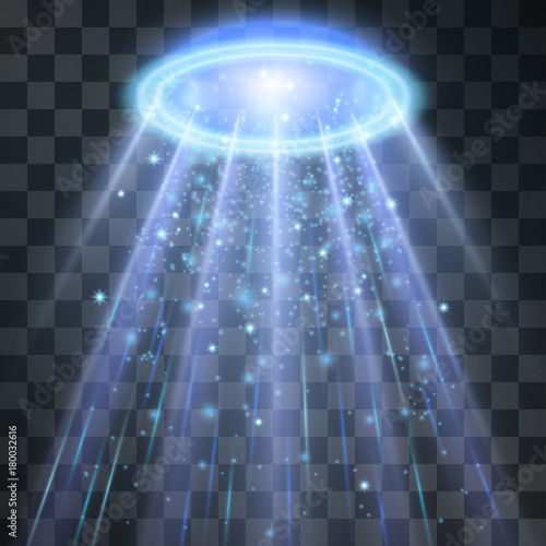 Ufo light beam, blue halo illumination effect. Flying saucer alien spaceship, invasion or extraterrestrial contact illustration. Rays of floodlight, energy gravity beam to steal humans.