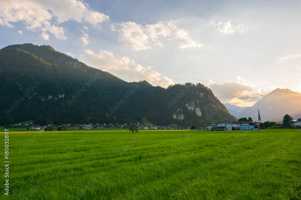 Wonderful sunset in the country side, Fugen, Alps, Tyrol, Austria, Europe Wonderful sunset in the country side, Fugen, Alps, Tyrol, Austria, Europe