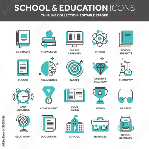 School education, university. Study, learning process. Oline lessons, tutorial. Student knowledge. History book.Thin line web icon set. Outline icons collection.Vector illustration.