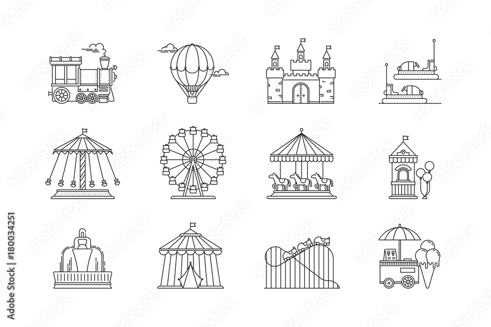 Set of linear park icons vector flat elements. Amusement park objects isolated on white background. Park with ferris wheel, circus, carousel, attractions.