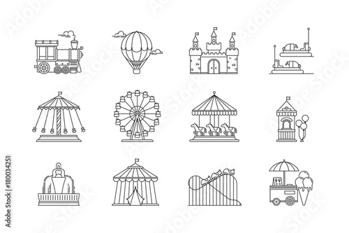 Set of linear park icons vector flat elements. Amusement park objects isolated on white background. Park with ferris wheel, circus, carousel, attractions.