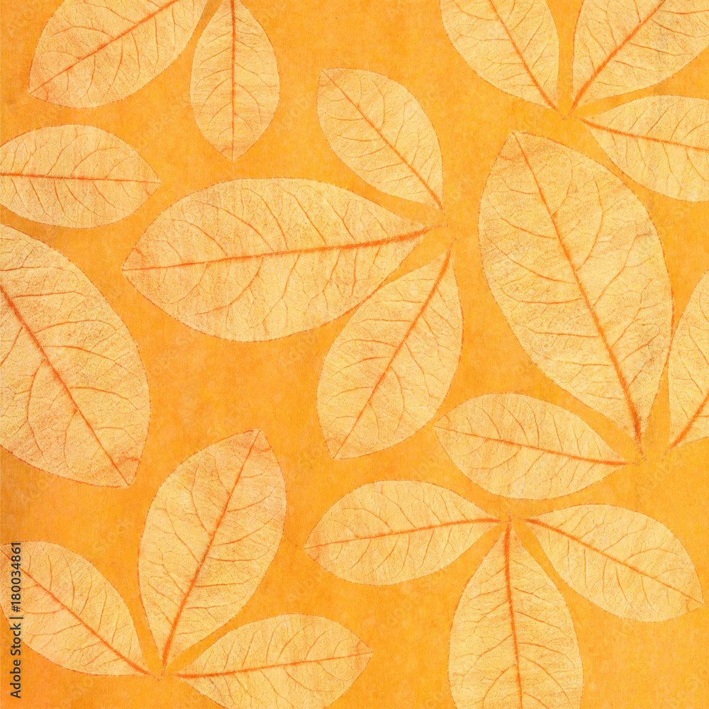 Orange artistic background with leaves drawn in hand-pencil
