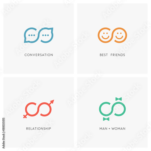 Infinity symbol and relationship logo set. Good conversation, best friends, male and female and love couple - chat or discussion, friendship and partnership, sex and gender, wedding and family icons.