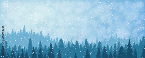 Winter background, snowy landscape with forest and snow