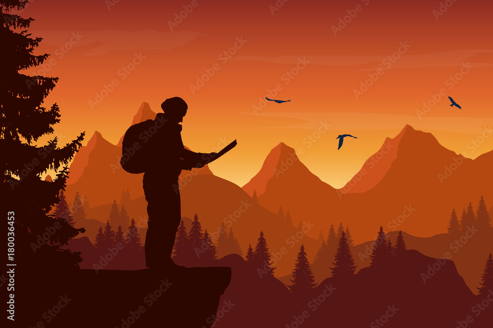 Vector illustration of a mountain landscape with a forest and birds and a tourist holding a map, under an orange sky