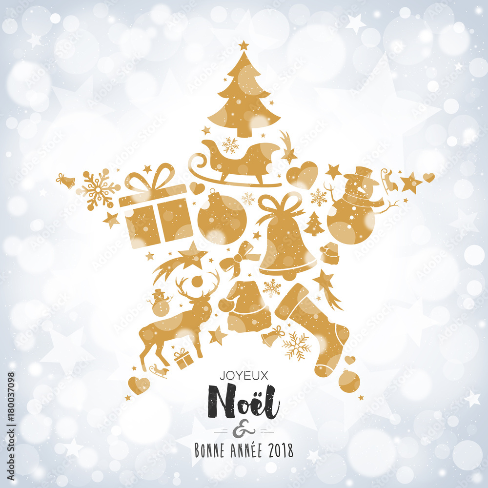 Carte 2018 avec étoile dorée sur bokeh