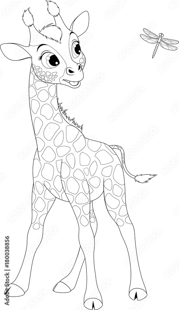 Obraz premium Funny little giraffe and dragonfly