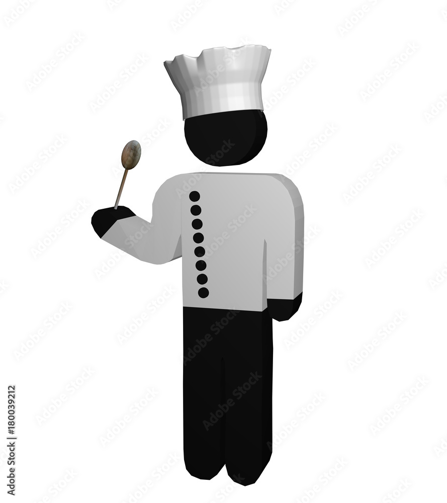 Figur eines Kochs in rot-weiß mit Kochjacke, Kochmütze und Kochlöffel