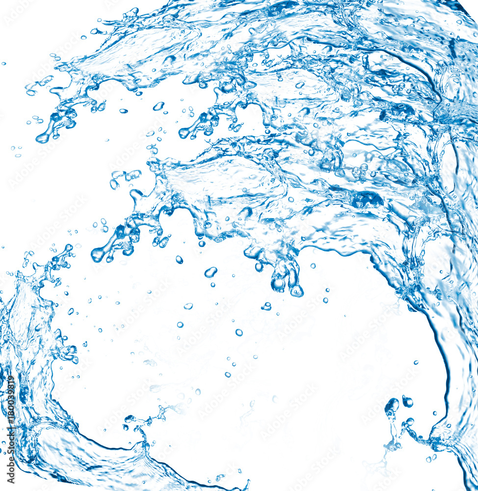 Blue water splashes over white background. 3D illustration