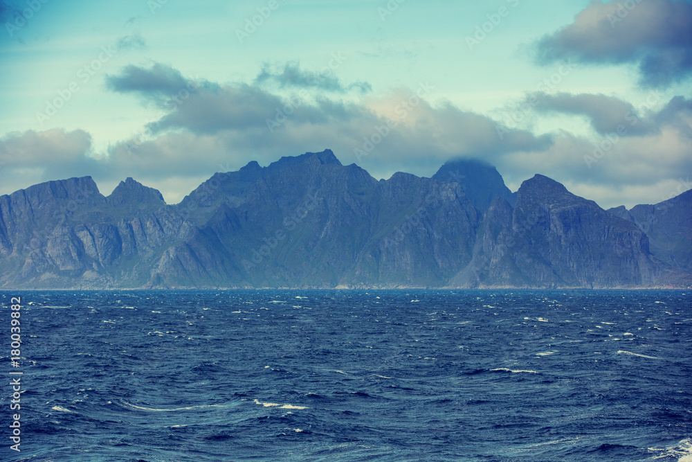 View of mountain seashore. Beautiful nature Norway. Lofoten islands