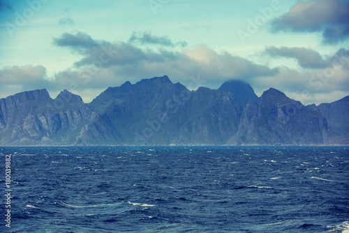 View of mountain seashore. Beautiful nature Norway. Lofoten islands