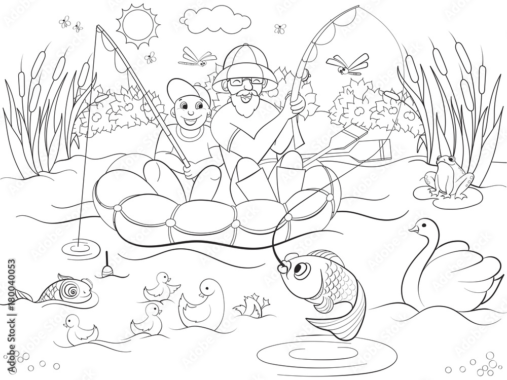 Naklejka premium Fishing father and son on the river coloring for children cartoon raster illustration