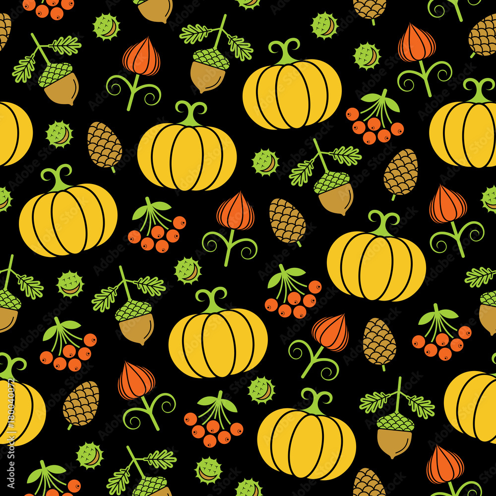 Seamless autumnal pattern with acorns, pumpkin, chestnut, ash, fir cones, physalis	