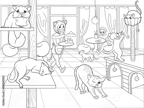 Beautiful interior of modern cat cafe for people cartoon raster illustration