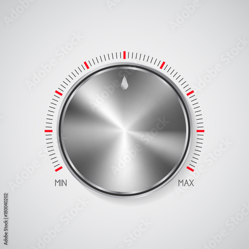Home appliance button, max and min tumbler, regulation knob with brushed steel glowing surface and measurement scale. Realistic template isolated on white. Hi-tech level controller.