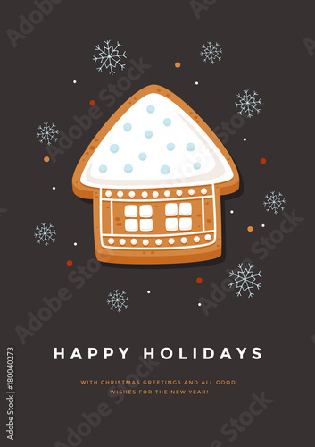 Christmas card with gingerbread house and inscription Happy Holidays. Template for the design of your holiday cards. Vector illustration.