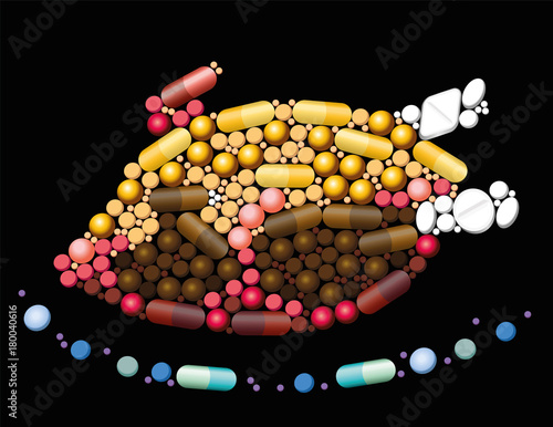 Pills, tablets and capsules that shape a roast chicken, a thanksgiving turkey, a fried duck or any other fowl, symbolic for antibiotic abuse in poultry farming - vector illustration, black background.