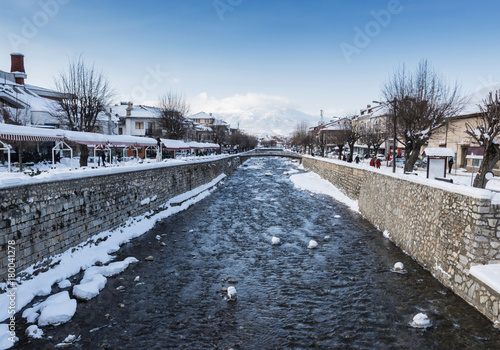 Lumbardhi river at the old city of Prizren, Kosovo in winter season at morning photo