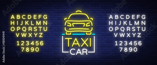 Taxi car design neon glowing logos concept template. Luminous signboard on the theme of transportation of passengers. Neon signs, light night banner. Vector illustration. Editing text neon sign. Neon