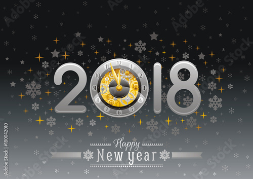 Happy new year 2018 silver golden logo icon. Vector poster with clock, gear mechanism. Abstract holiday design template. Vintage symbols, swirls pattern, text lettering banner. Black sky background