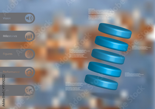 3D illustration infographic template with five cylinders askew arranged