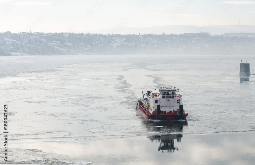 Icebreaker on the frozen Danube River 