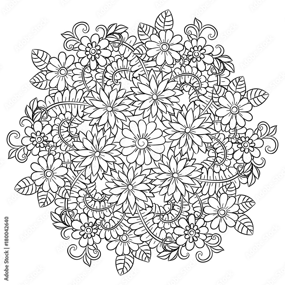 Obraz premium Vector flower mandala in black and white. Round pattern for coloring