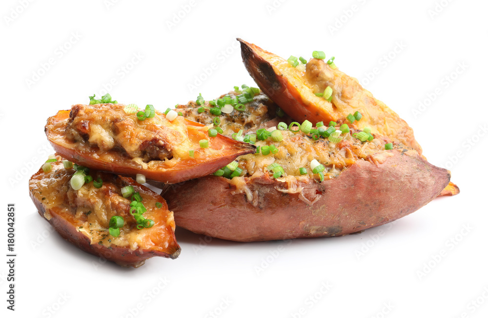 Yummy stuffed sweet potato on white background Yummy stuffed sweet potato on white background