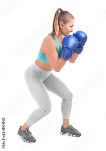 Female boxer on white background