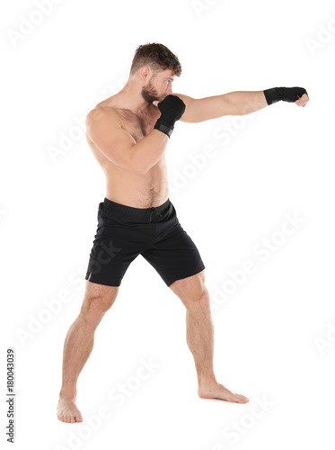 Male boxer on white background