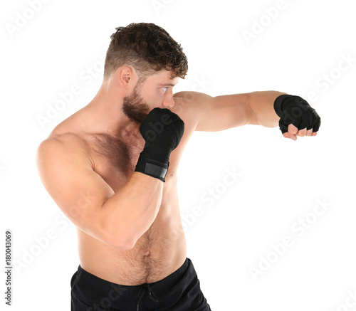 Male boxer on white background