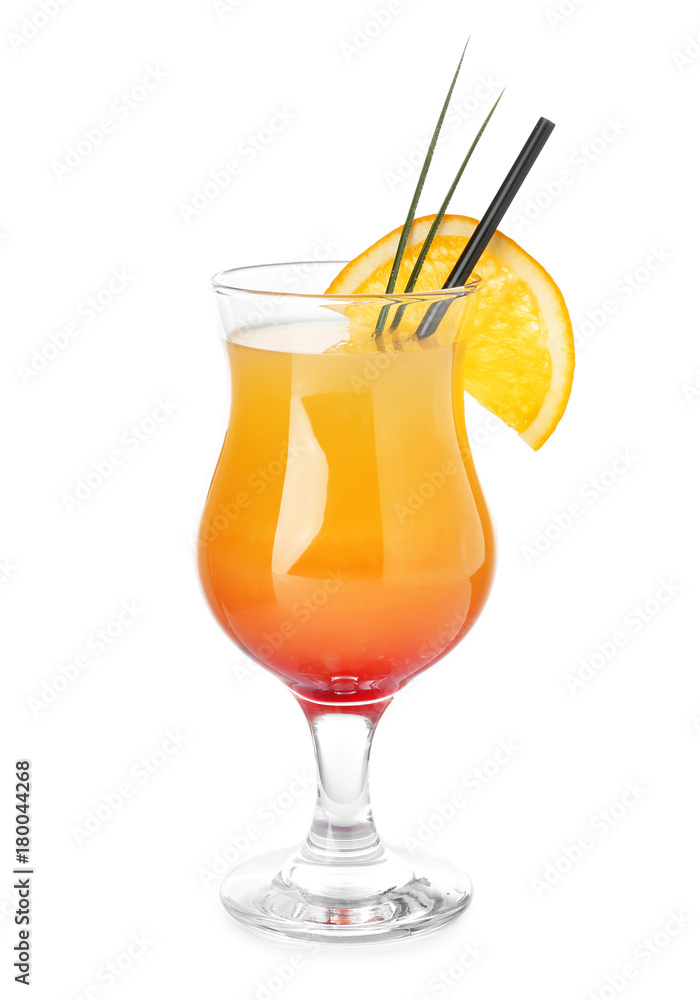 Glass with tasty exotic cocktail on white background Glass with tasty exotic cocktail on white background