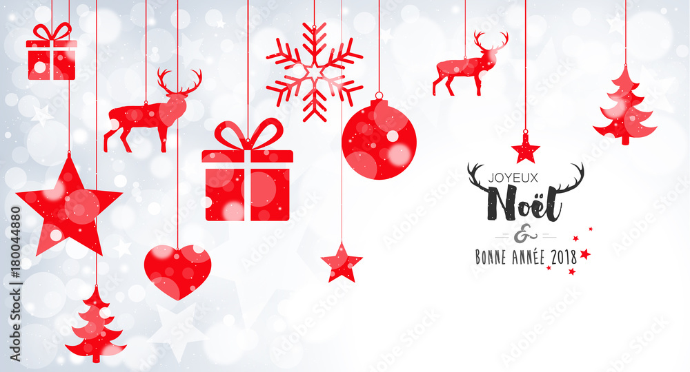 Carte de Noël 2018 avec boules suspendues sur bokeh