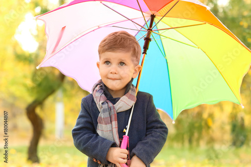 Cute little child with colorful umbrella in autumn park