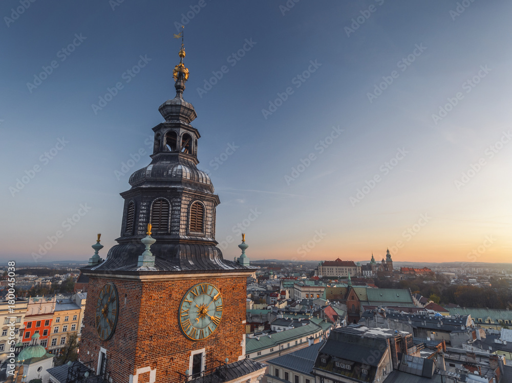 Obraz premium Town Hall Tower in Main Market Square, aerial view at sunset, old time