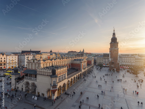 Aerial view of old city center view in Krakow at sunset time, famous cathedral in evening light