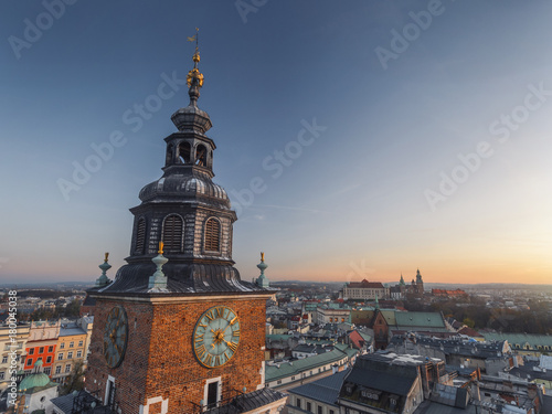 Town Hall Tower in Main Market Square, aerial view at sunset, old time