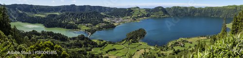 Lanscape from the volcanic crater lake of Sete Citades in Sao Miguel Island of Azores Portugal.