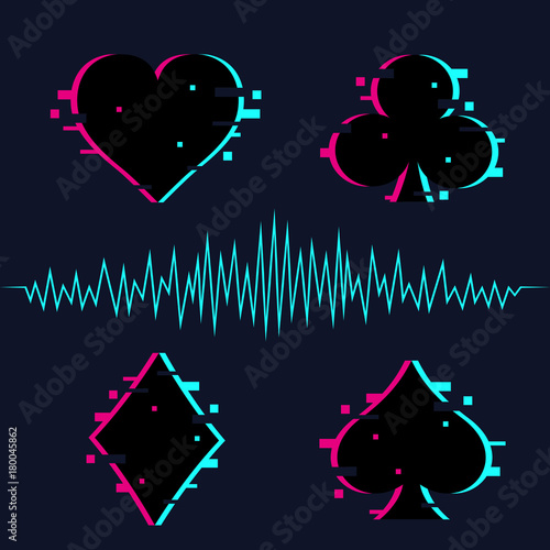 Set of suits deck of cards for playing poker and casino with glitch effect. Vector illustration.