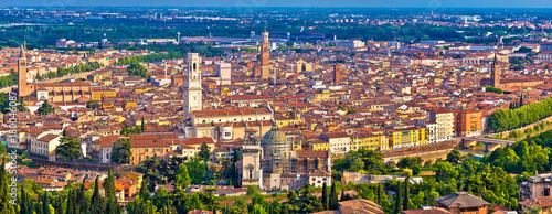 City of Verona old center and Adige river aerial panoramic view
