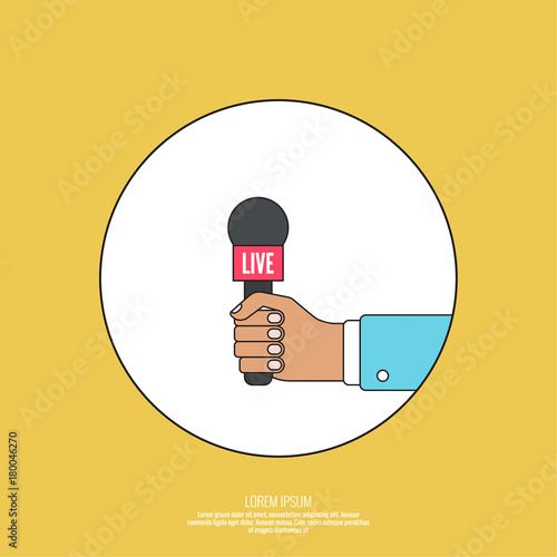 Journalism concept. Live news template with microphone. Symbol breaking news on TV radio. Journalist holding mic. interview, reporter, press, interviewer, media, paparazzi. Vector Linear design