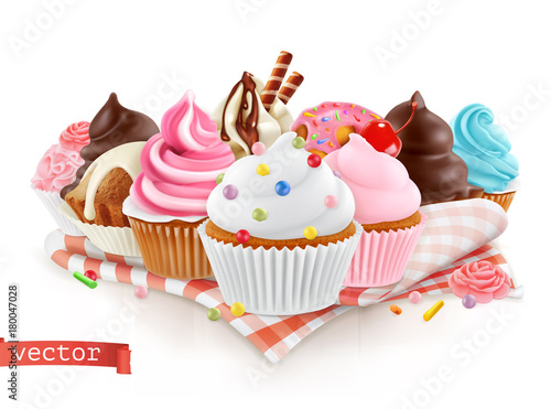 Pastry shop, confectionery. Sweet dessert. Cake, cupcake. 3d realistic vector