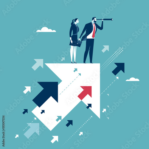 Searching for opportunities. Businesscouple standing on flying arrows. Concept business illustration