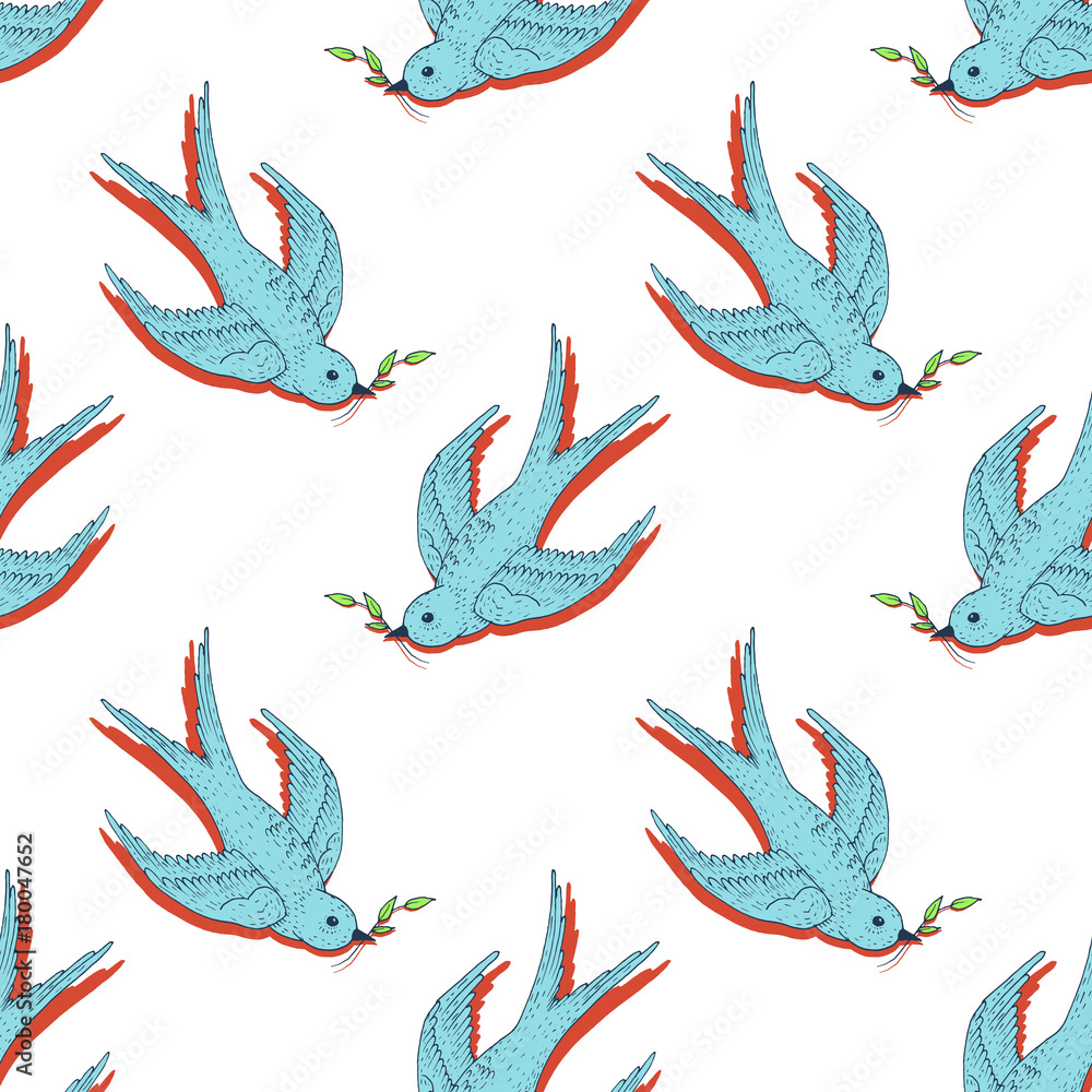 Swift bird vector seamless pattern. Sketch of flying swallow with branch Swift bird vector seamless pattern. Sketch of flying swallow with branch