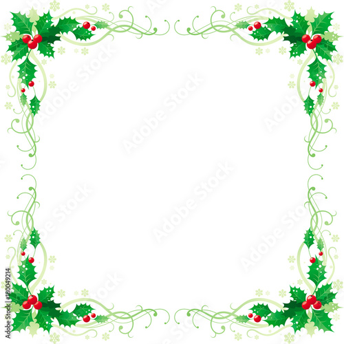 Merry Christmas and Happy new Year square corner banner frame border with holly berry leafs. Isolated on white background. Abstract poster, greeting card design template. Vector illustration
