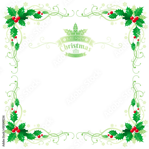 Merry Christmas and Happy new Year corner border banner with holly berry leafs. Text lettering logo. Isolated on white background. Abstract poster, greeting card design template. Vector illustration