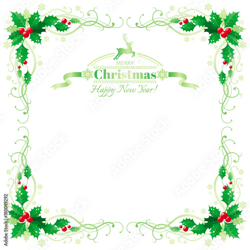 Merry Christmas and Happy new Year border frame with holly berry leafs. Text lettering reindeer logo. Isolated on white background. Abstract poster, greeting card design template. Vector illustration