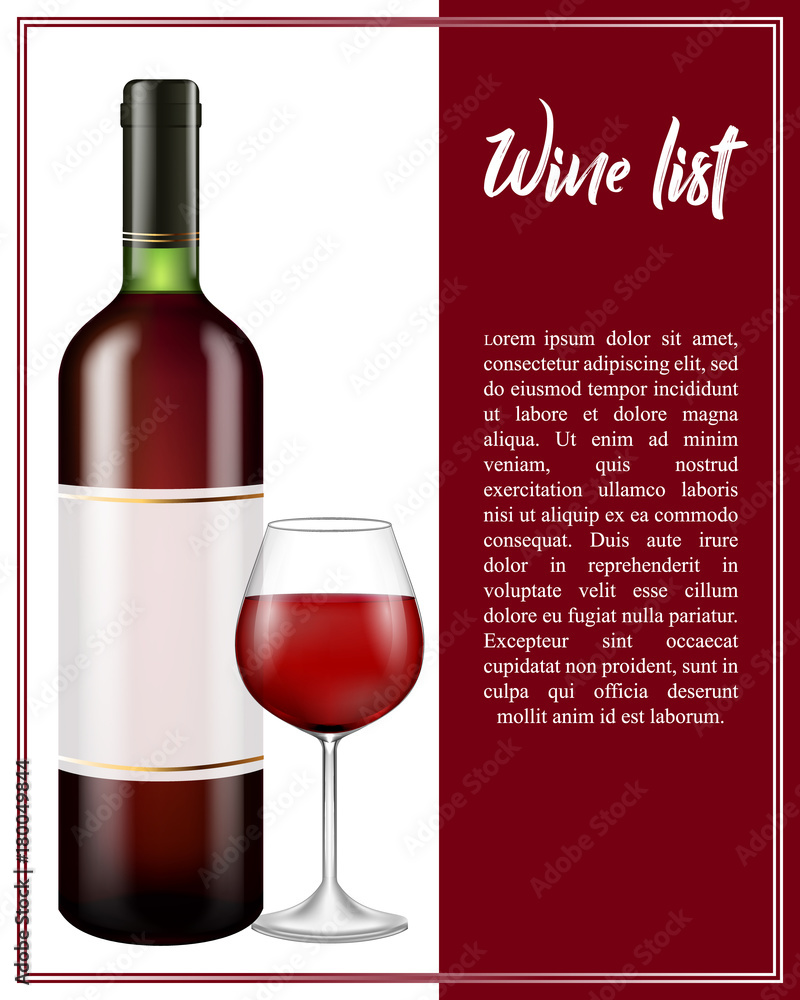Vector illustration of a wine list. Realistic glass and bottle of red drink